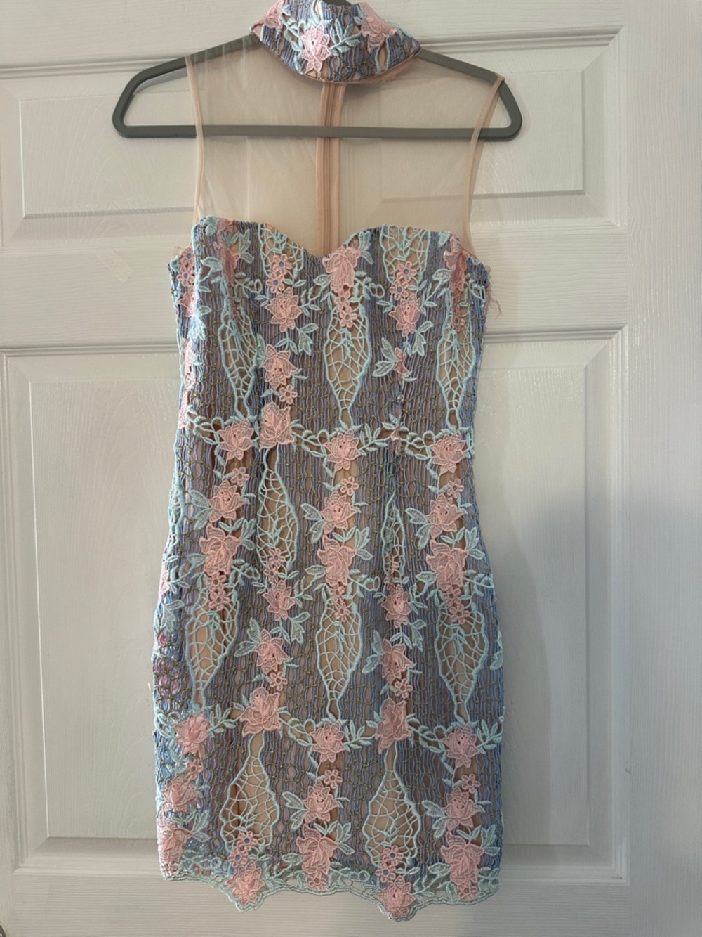 Asilio Pink & Light Blue Floral Lace Illusion Sheath Dress
